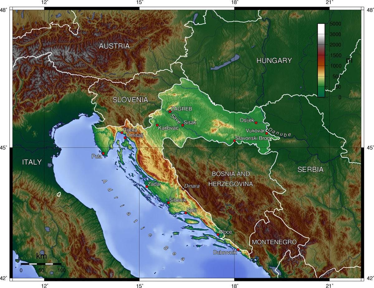 mapa topográfico da croácia