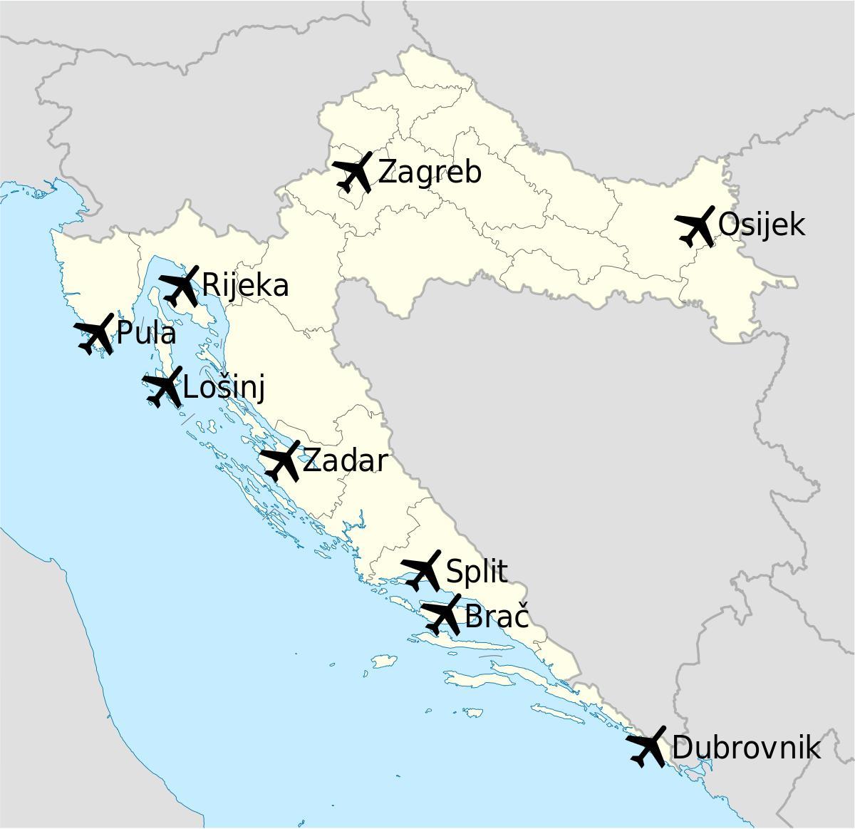 mapa da croácia mostrando aeroportos