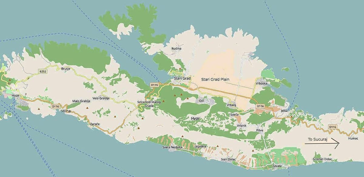 mapa da ilha hvar, croácia