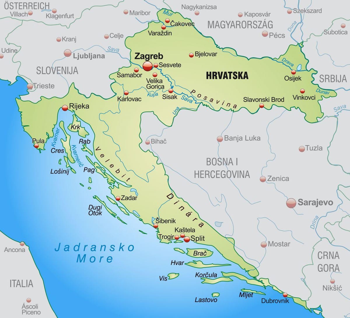 norte da croácia mapa